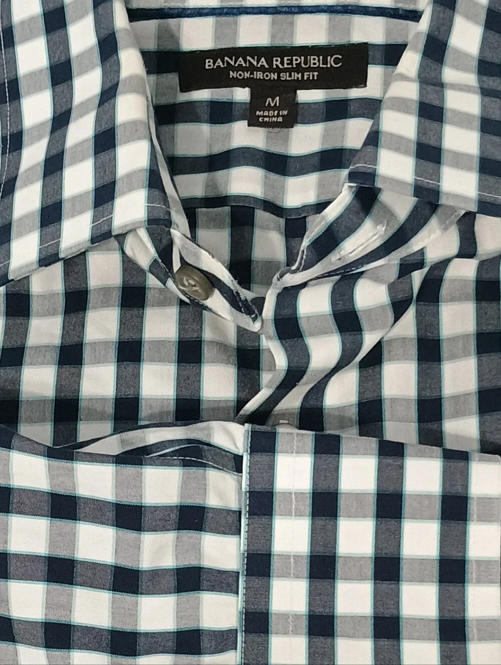 Banana Republic Men’s Blue Gray Plaid Non-Iron Slim Fit Button Down Shirt Size M